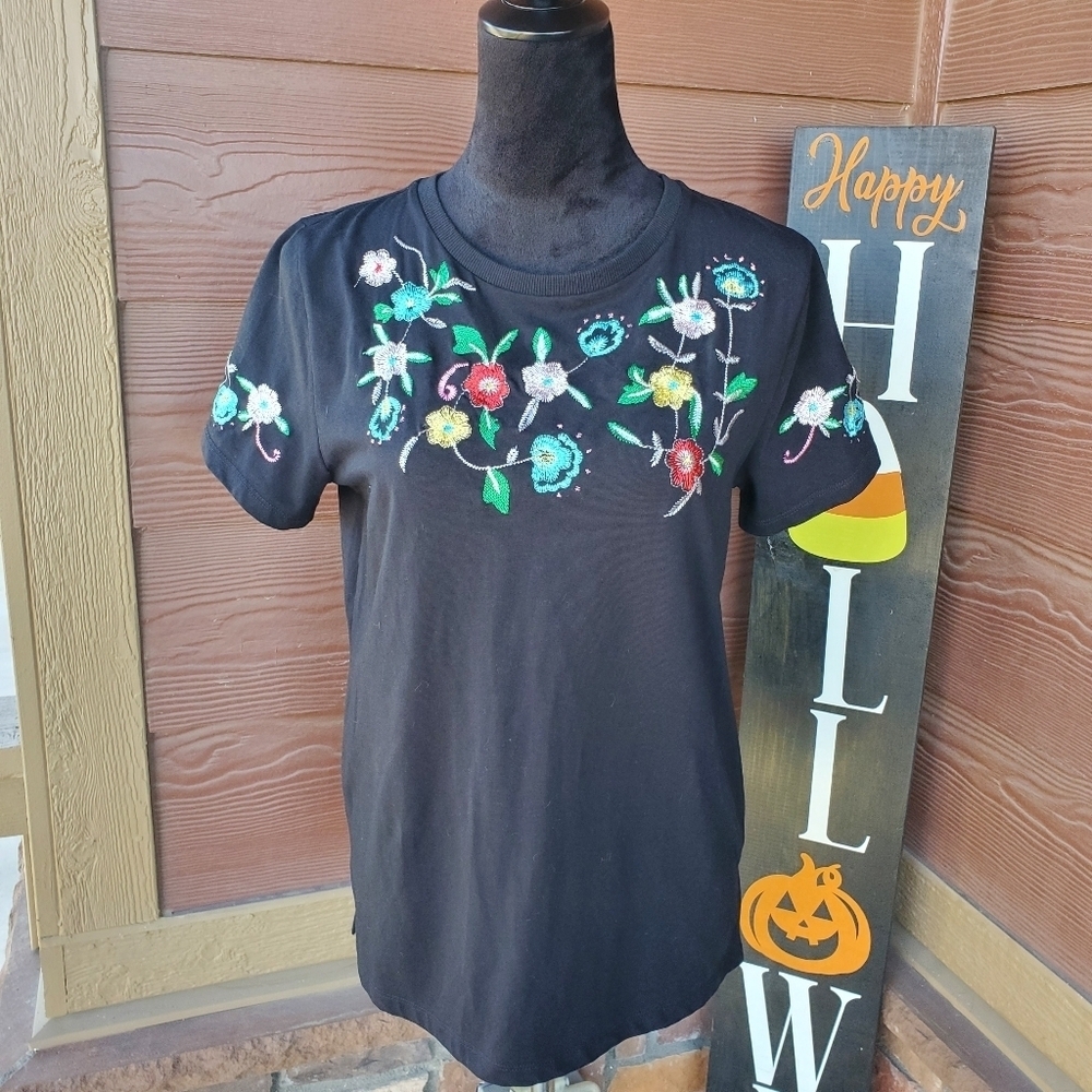 a.moon women's black floral embroidered boho bohemian top size medium NWOT
